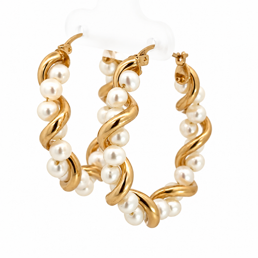 Pearl Ribbon Hoop Earrings in Yellow Gold