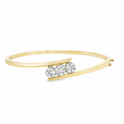 Classic 14K Yellow Gold Diamond Bangle with Triple Flower Design