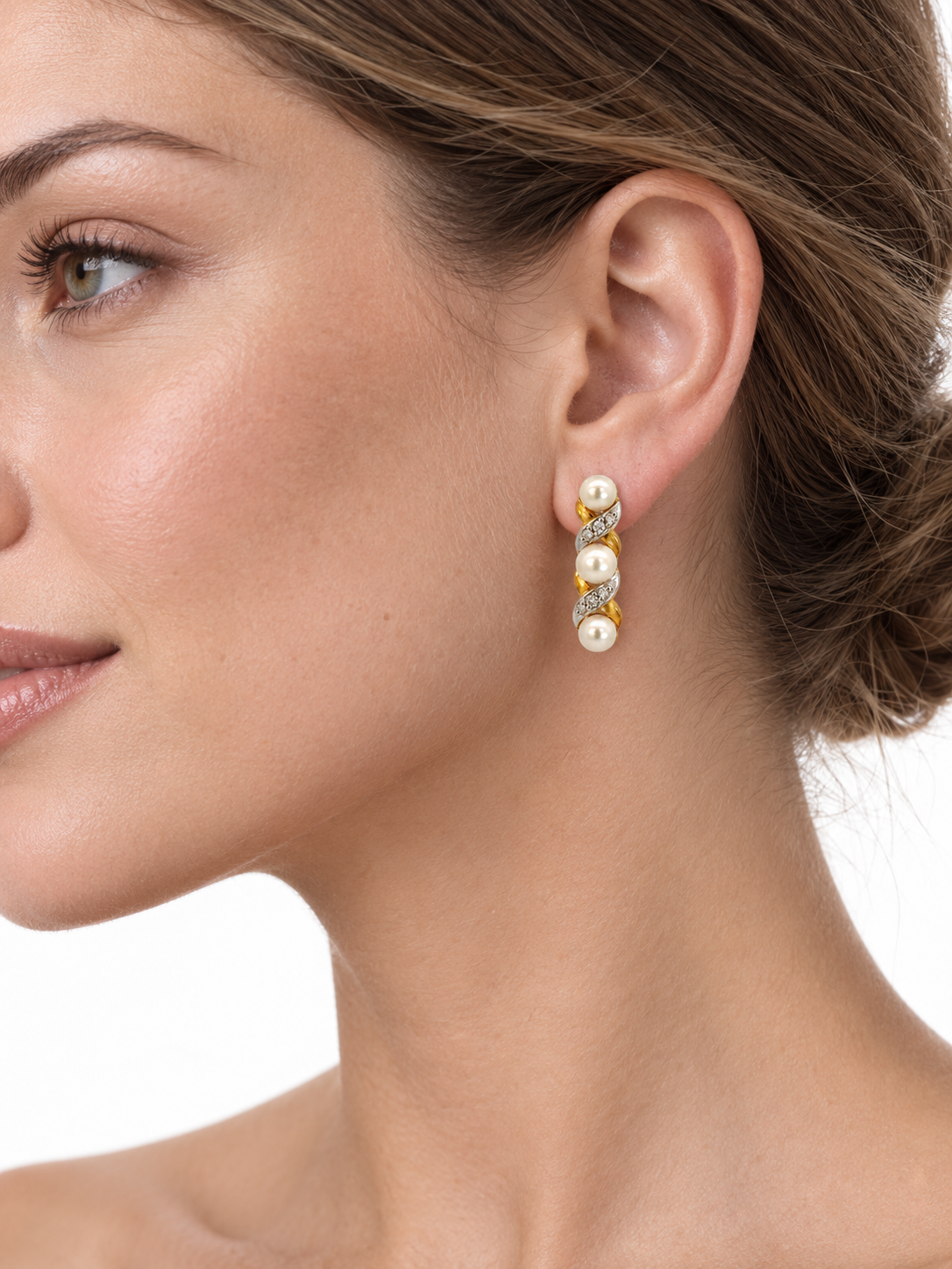 14K Two-Tone Gold Pearl & Diamond Drop Earrings