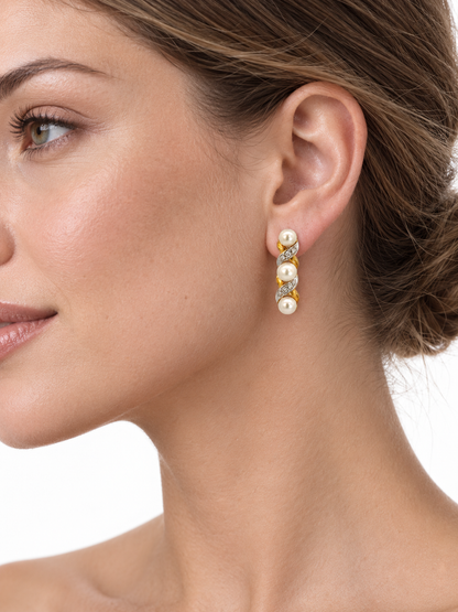 14K Two-Tone Gold Pearl & Diamond Drop Earrings