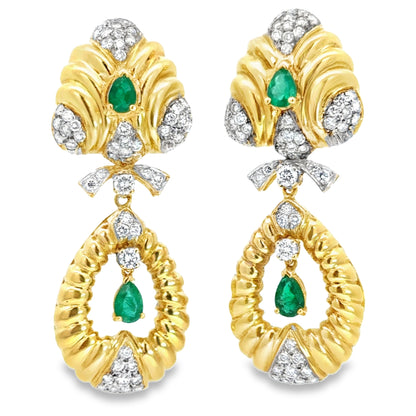 Mid-Century 18K Yellow Gold Emerald Diamond Statement Earrings