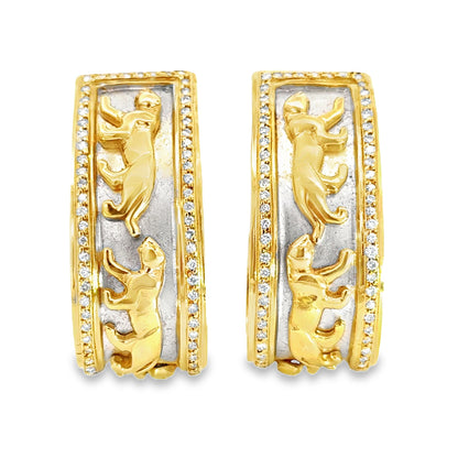 1970’s 18K Gold Panther Hoop Earrings with Diamond Borders