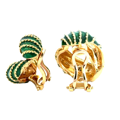 18K Yellow Gold Green Enamel Twisted Rope Clip-On Earrings