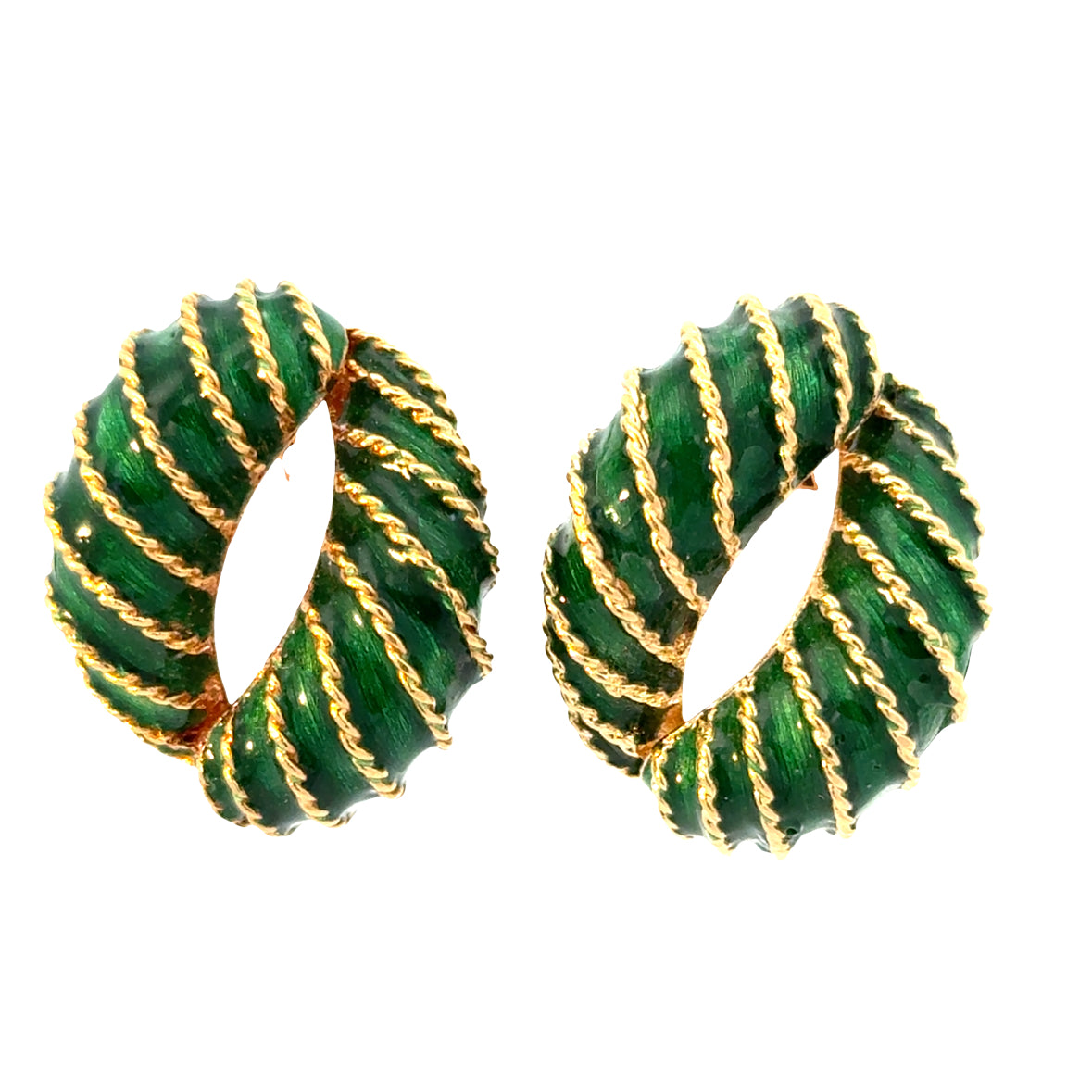 18K Yellow Gold Green Enamel Twisted Rope Clip-On Earrings