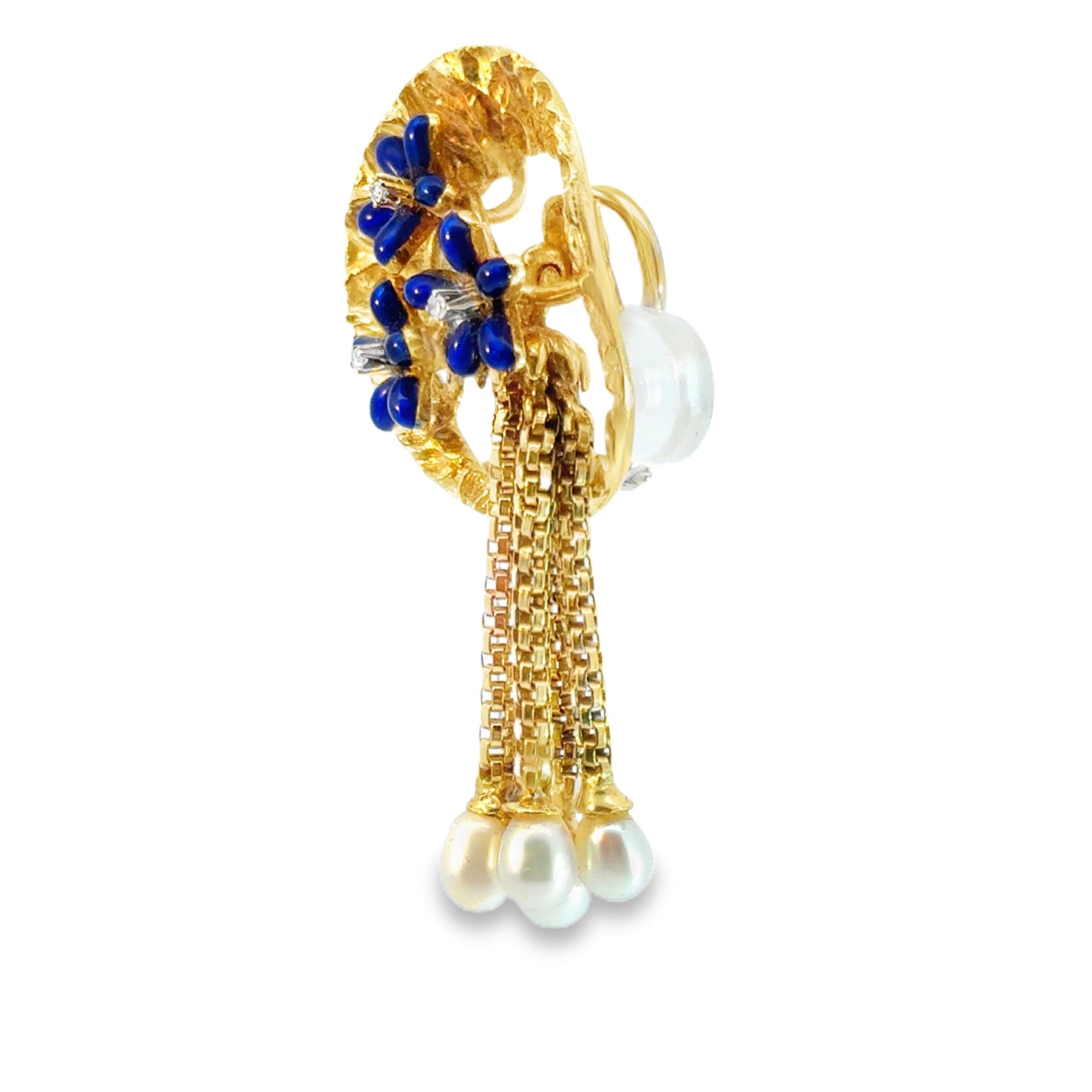 Antique 18K Gold Retro Earrings with Blue Enamel Flowers, Diamonds & Fresh-Water Pearl Tassels