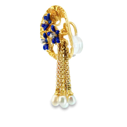 Antique 18K Gold Retro Earrings with Blue Enamel Flowers, Diamonds & Fresh-Water Pearl Tassels