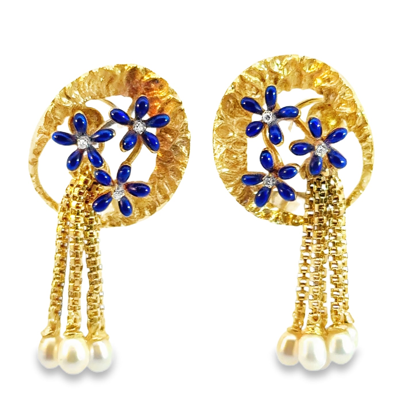 Antique 18K Gold Retro Earrings with Blue Enamel Flowers, Diamonds & Fresh-Water Pearl Tassels