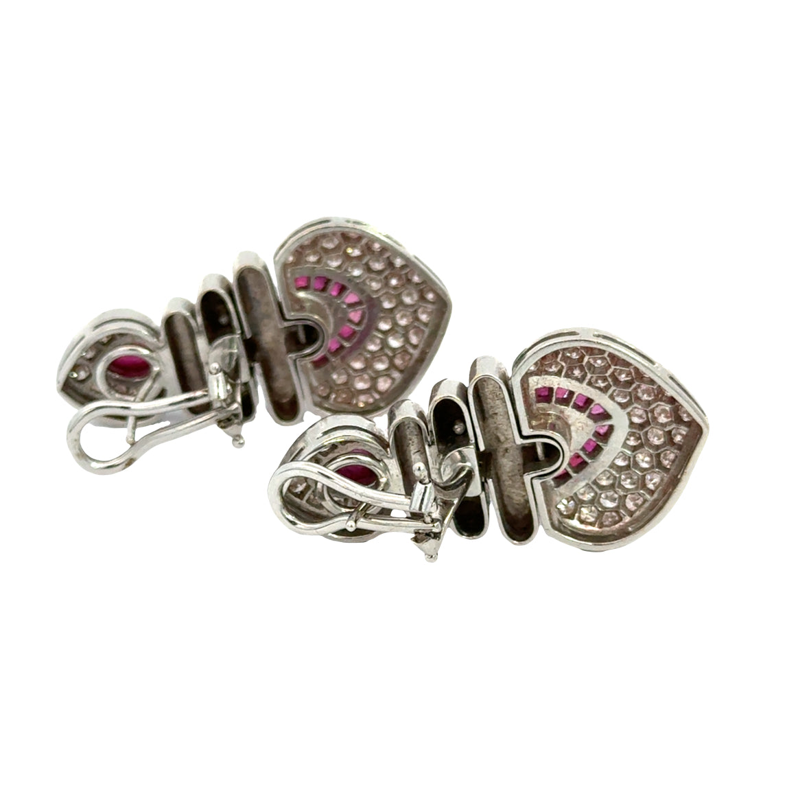 Vintage 1980s 18K White Gold Ruby & Diamond French-Clip Earrings