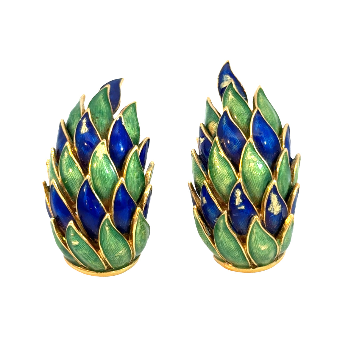 Antique 1940s 18K Gold Green & Blue Enamel Clip-On Earrings