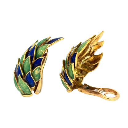 Antique 1940s 18K Gold Green & Blue Enamel Clip-On Earrings