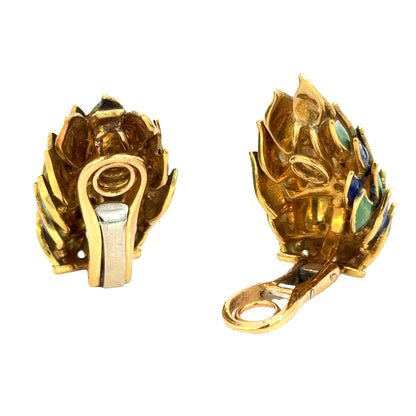 Antique 1940s 18K Gold Green & Blue Enamel Clip-On Earrings