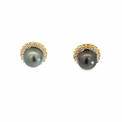 18K Yellow Gold Tahitian Black Pearl & Diamond French-Clip Earrings