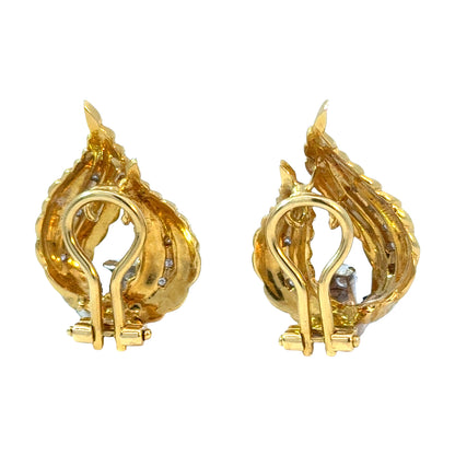 18K Yellow Gold Textured Diamond Leaf Clip-On Earrings | 1960s Vintage