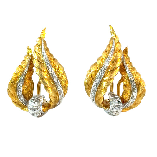 18K Yellow Gold Textured Diamond Leaf Clip-On Earrings | 1960s Vintage