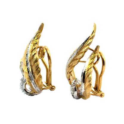 18K Yellow Gold Textured Diamond Leaf Clip-On Earrings | 1960s Vintage