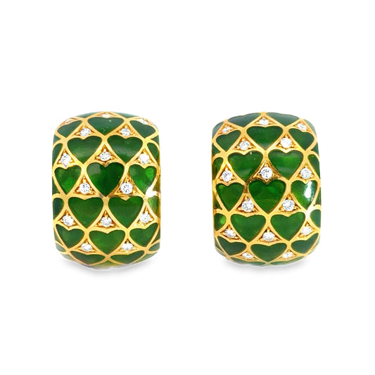 Vintage 1950s 18K Yellow Gold Translucent Green Enamel & Diamond Hoop Earrings