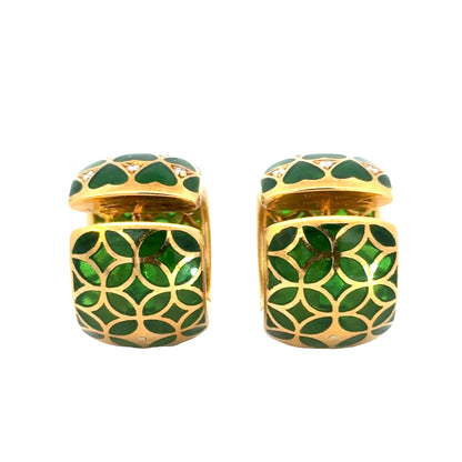 Vintage 1950s 18K Yellow Gold Translucent Green Enamel & Diamond Hoop Earrings