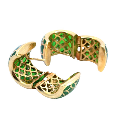 Vintage 1950s 18K Yellow Gold Translucent Green Enamel & Diamond Hoop Earrings