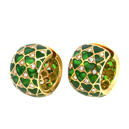 Vintage 1950s 18K Yellow Gold Translucent Green Enamel & Diamond Hoop Earrings