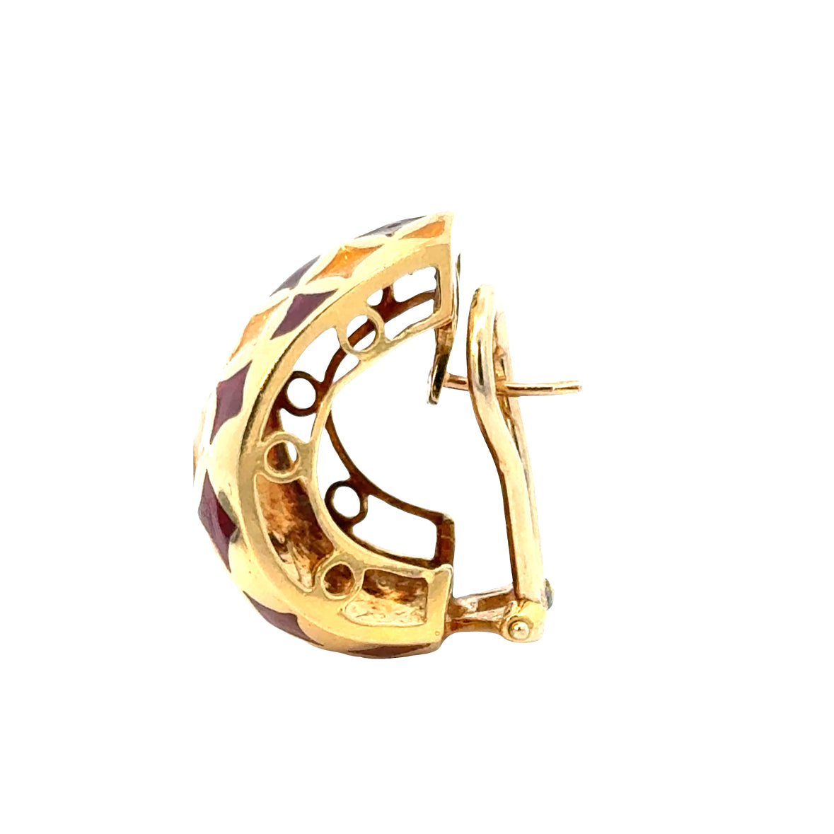 1950’s 18K Yellow Gold Red & Yellow Enamel Half-Hoop French-Clip Earrings