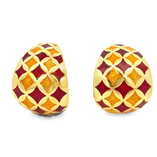 1950’s 18K Yellow Gold Red & Yellow Enamel Half-Hoop French-Clip Earrings