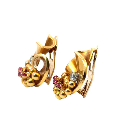 Retro Sculptural Ribbon 18K Rose Gold Ruby & Diamond Clip-On Earrings