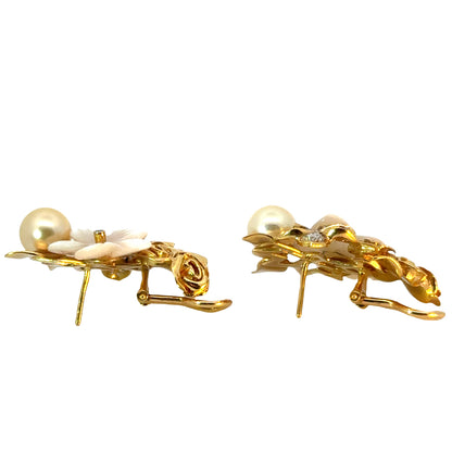 18K Yellow Gold Floral Bouquet Earrings with Diamonds & Pearl, 1960s