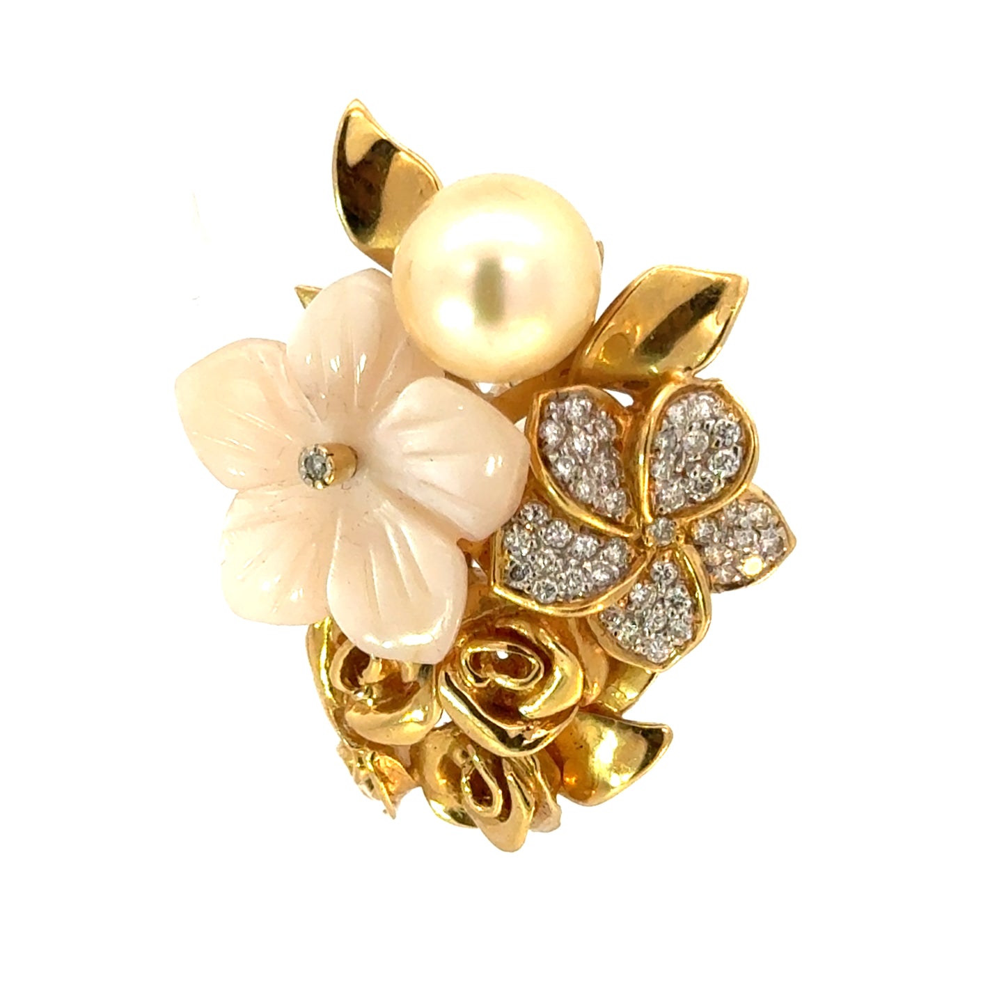 18K Yellow Gold Floral Bouquet Earrings with Diamonds & Pearl, 1960s