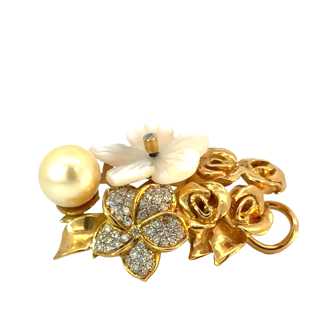 18K Yellow Gold Floral Bouquet Earrings with Diamonds & Pearl, 1960s