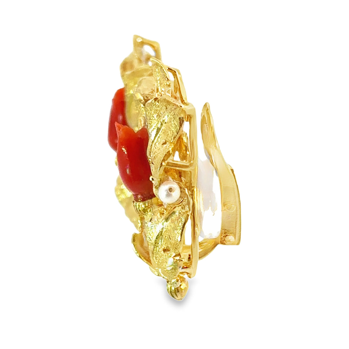 18K Yellow Gold Textured Leaf Clip-On Earrings with Coral Tulips & Pearls