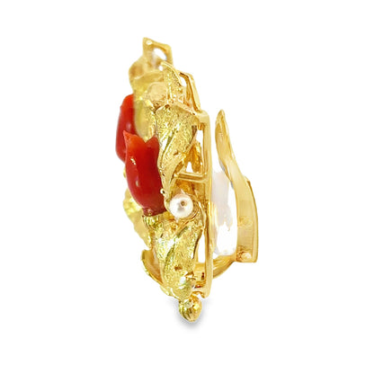18K Yellow Gold Textured Leaf Clip-On Earrings with Coral Tulips & Pearls