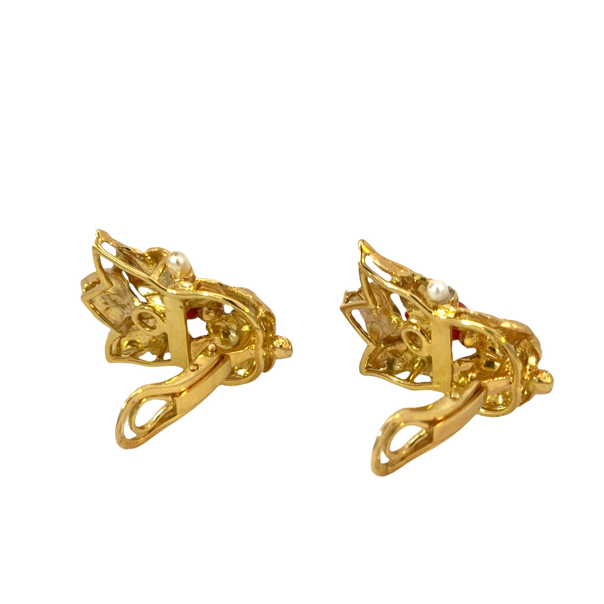 18K Yellow Gold Textured Leaf Clip-On Earrings with Coral Tulips & Pearls