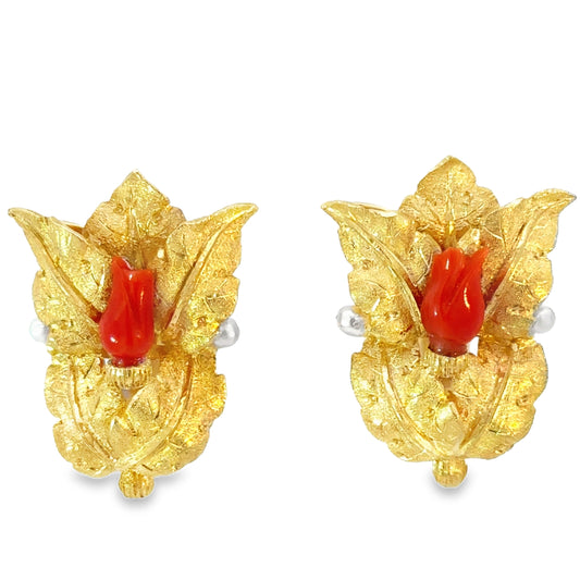 18K Yellow Gold Textured Leaf Clip-On Earrings with Coral Tulips & Pearls