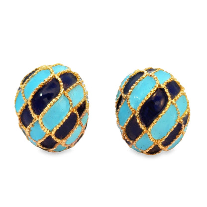 1950’s 18K Gold Turquoise & Navy Enamel Domed Clip-On Earrings