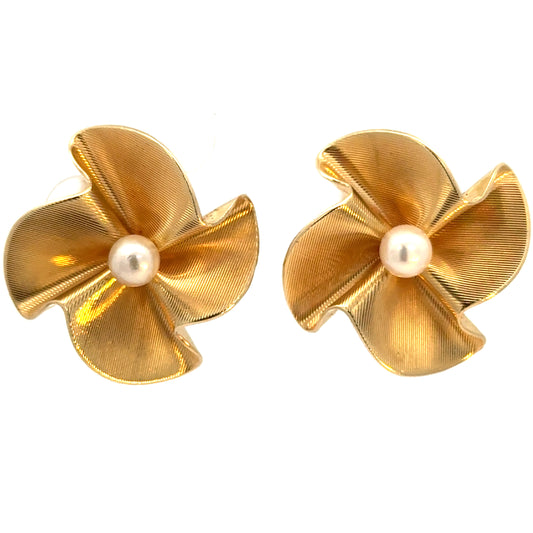14K Gold Sculpted Flower Earrings with Pearl Centers