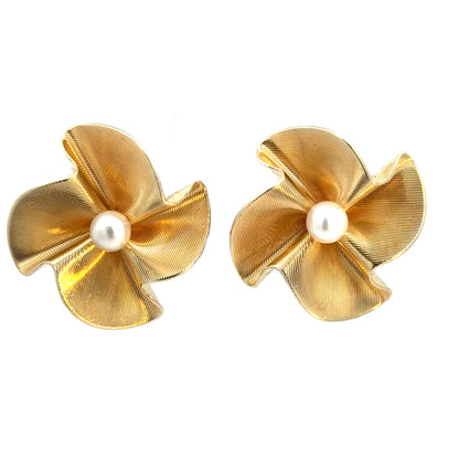 14K Gold Sculpted Flower Earrings with Pearl Centers