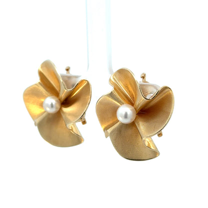 14K Gold Sculpted Flower Earrings with Pearl Centers