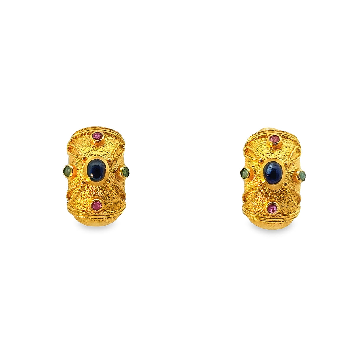 Vintage Multi-Gemstone 18K Textured Yellow Gold French-Clip Earrings