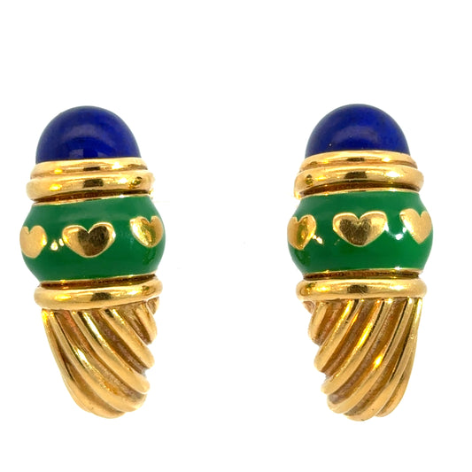 Vintage 18K Gold Lapis Lazuli & Green Enamel Heart Clip-On Earrings