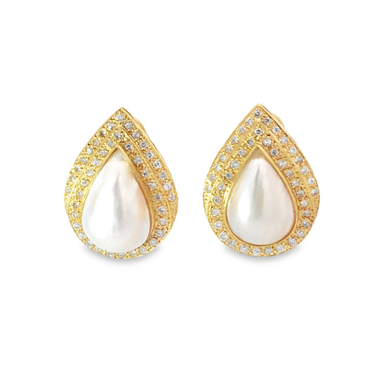 Dazzling Large 18K Retro Mother of Pearl & Diamond Clip-On Earrings