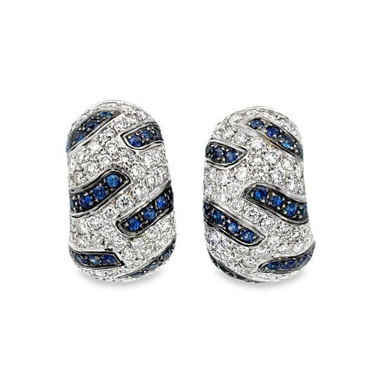 18K White Gold Diamond & Sapphire French-Clip Hoop Earrings