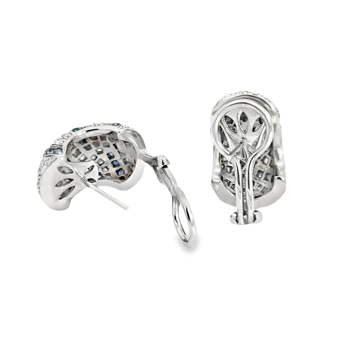 18K White Gold Diamond & Sapphire French-Clip Hoop Earrings