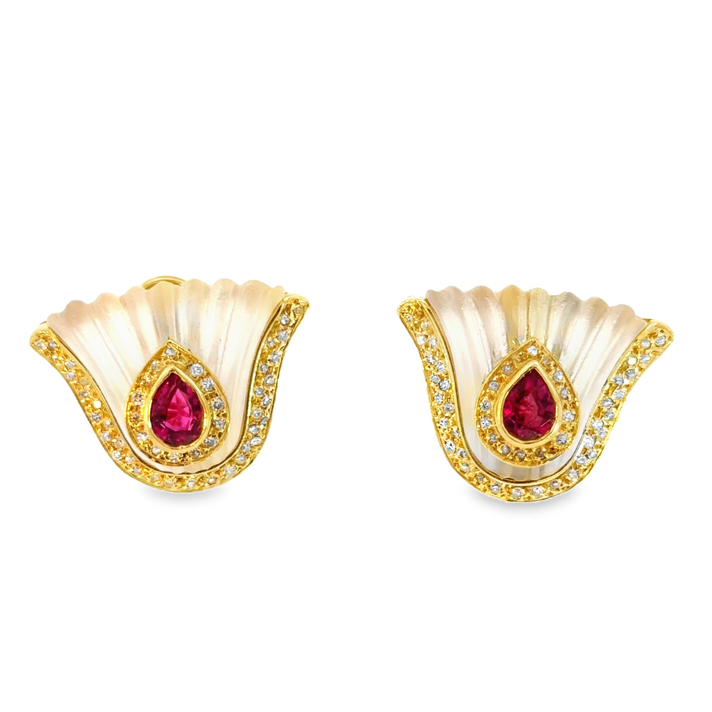 Vintage 1950s Ruby, Quartz & Diamond Fan-Motif Earrings in 18K Yellow Gold