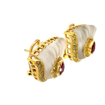 Vintage 1950s Ruby, Quartz & Diamond Fan-Motif Earrings in 18K Yellow Gold