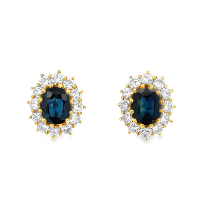 Oval Blue Sapphire & Diamond Earrings – 18K Two Tone Gold