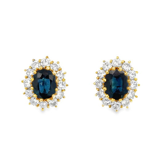 Oval Blue Sapphire & Diamond Earrings – 18K Two Tone Gold