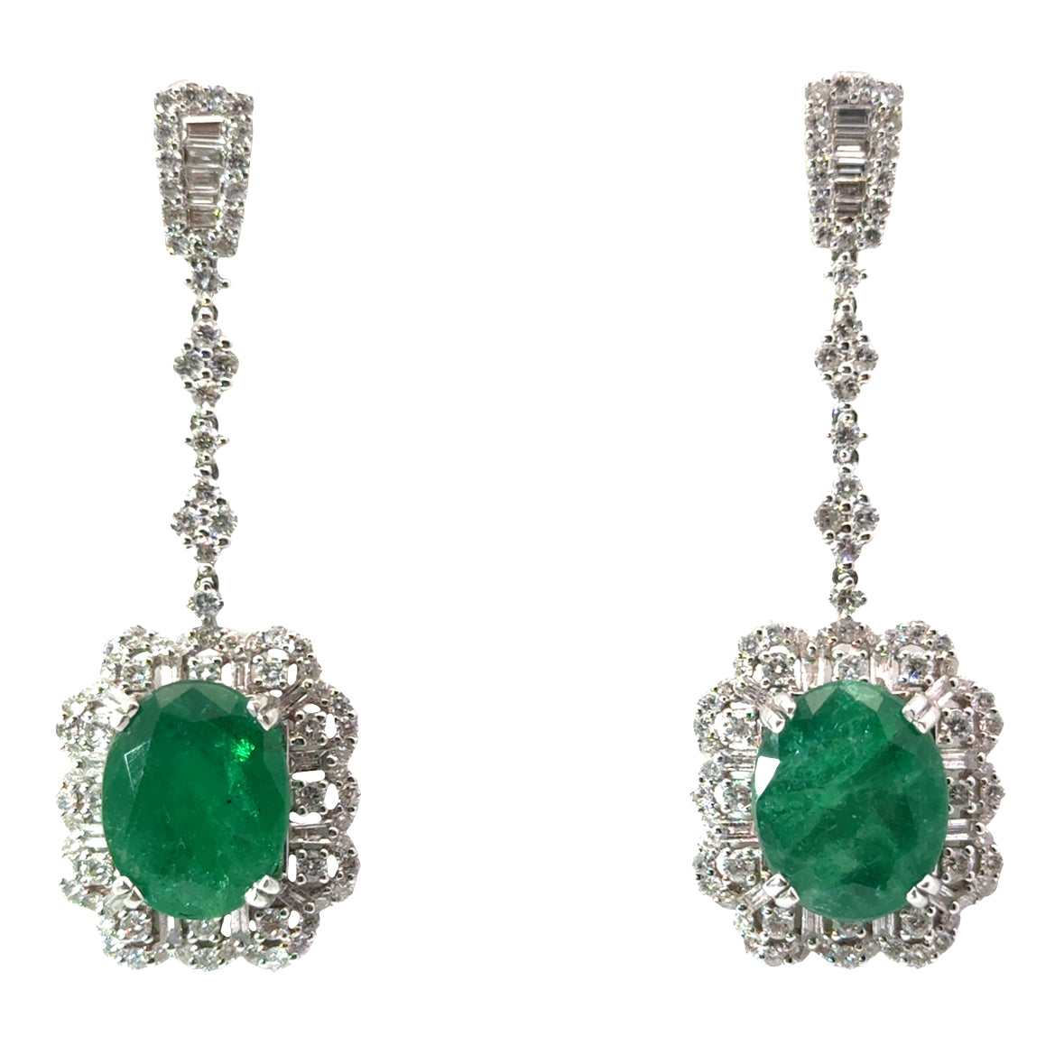 Luxurious 18K White Gold Emerald & Diamond Drop Earrings