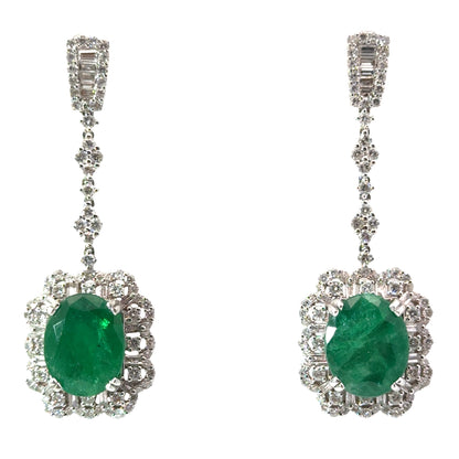 Luxurious 18K White Gold Emerald & Diamond Drop Earrings