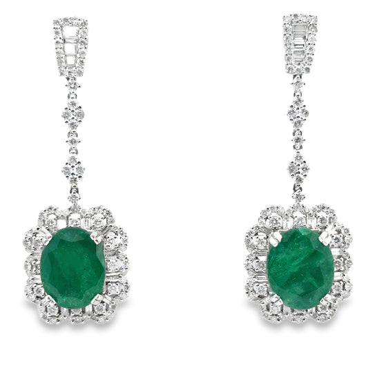 Luxurious 18K White Gold Emerald & Diamond Drop Earrings