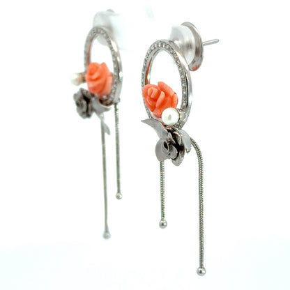 18K White Gold Coral Flower, Pearl & Diamond Drop Earrings